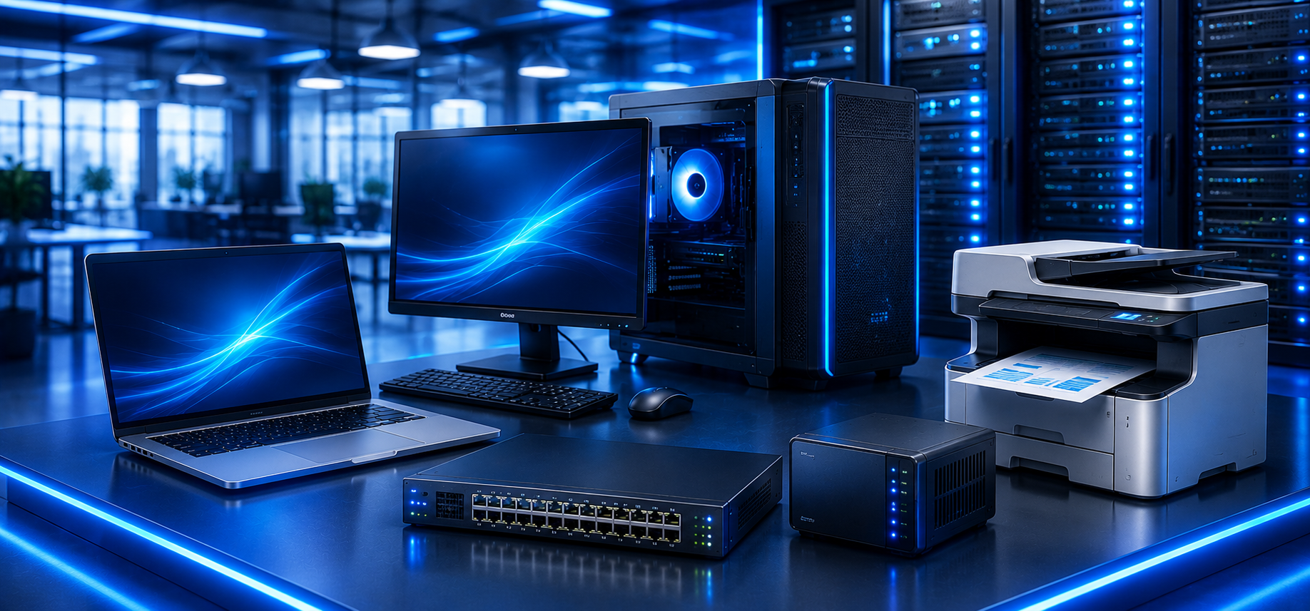 Hardware — laptops, desktops, servers, printers and networking